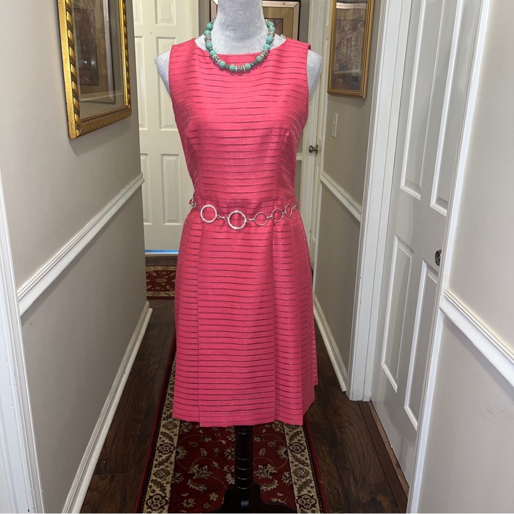 Preloved Watermelon Colored Ann Klein Sheath Cocktail Dress with Sheer Stripes.